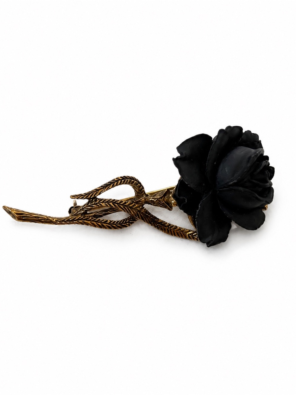 Vintage Black Carved Rose Brooch Gold Tone Floral Pin Romantic Goth Victorian St